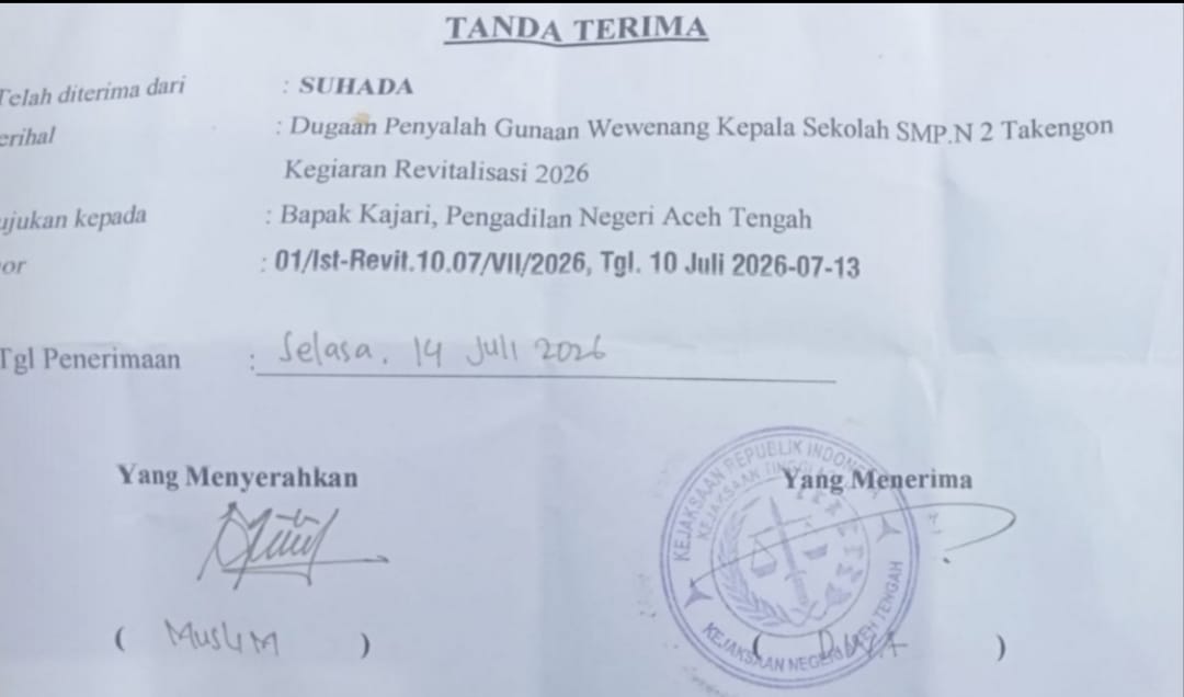 Suhada Laporkan Kepala SMP Negeri 2 Takengon ke Kejaksaan, Dugaan Penyalahgunaan Wewenang dalam Program Revitalisasi